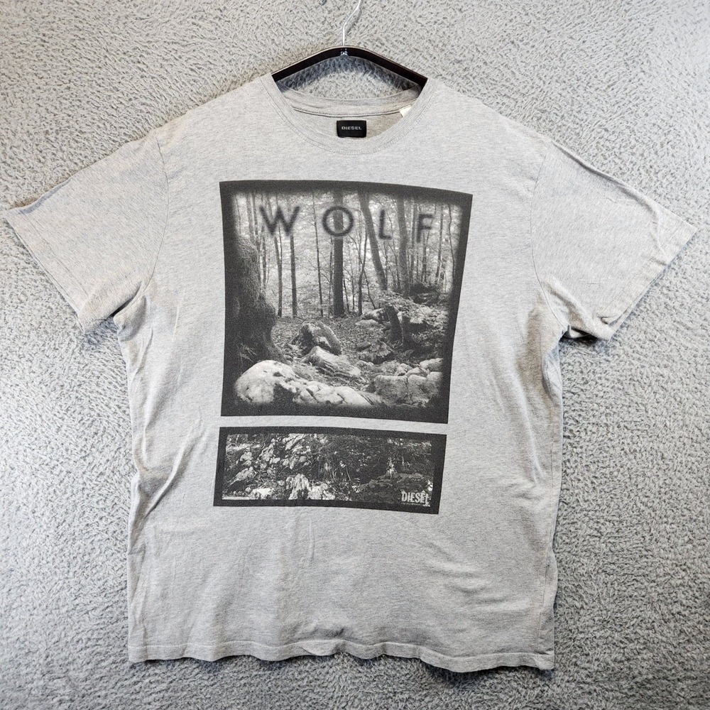 DIESEL WOLF Mens T Shirt Size XXL Gray Graphic Print Crew Neck Animal Print‎